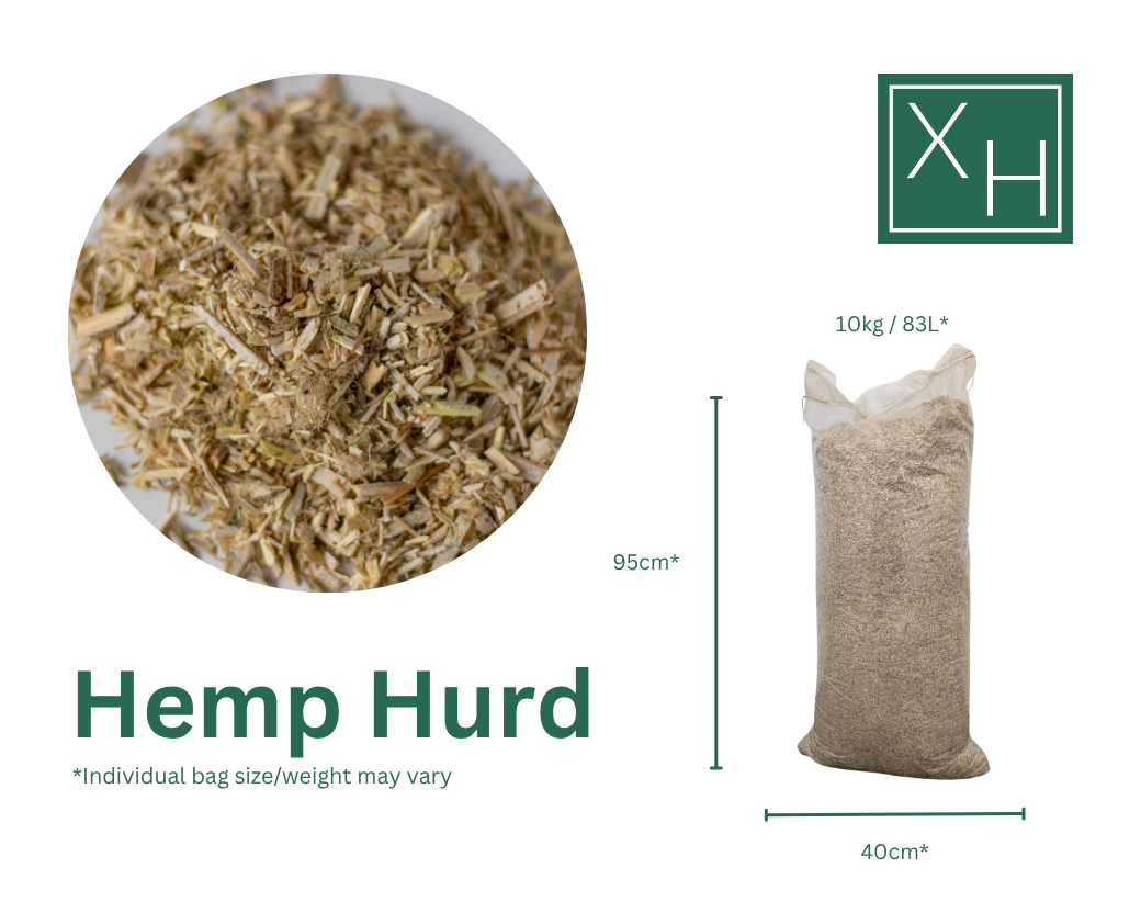 Hemp hurd product information on a white background, showing a circular close-up of the dried hemp material, a text label reading 'Hemp Hurd,' and a bag with dimensions marked 95cm tall and 40cm wide. A green 'XH' logo appears in the top right.